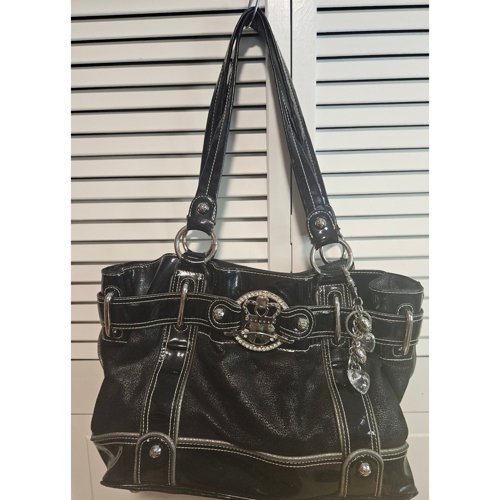 Kathy Van Zeeland Black Patent Faux Leather Crown Rhinestone Shoulder Bag Y2K